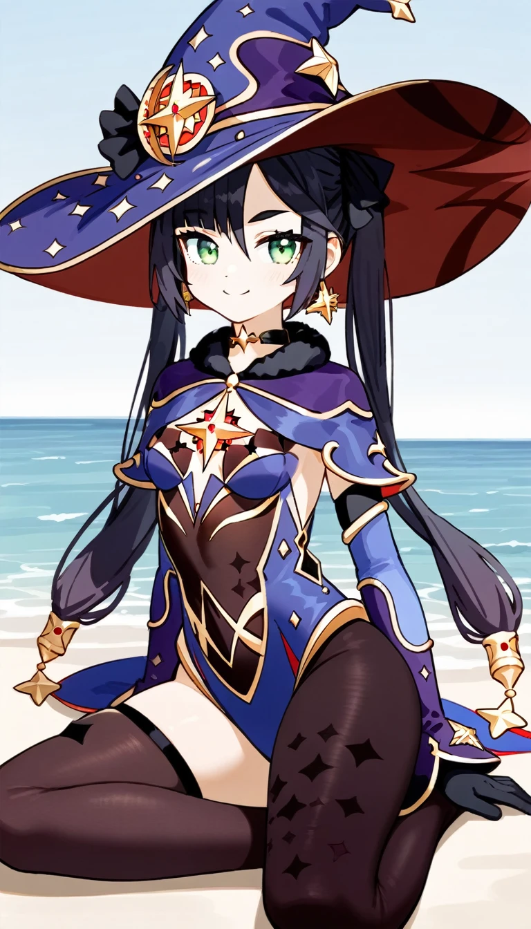 masterpiece,Ultra HD,score_9, score_8_superior, score_7_superior, score_6_superior,score_4_superior BREAK source_anime,可愛いanimeイラスト, One girl, alone, Mona XL, Long black hair, Green Eyes, tsurime, Twin tails, Medium chest, Witch Hat, Body stockings, leotard, Elbow hand pockets, Thigh guard,,View your viewers,smile,beach,Sitting,