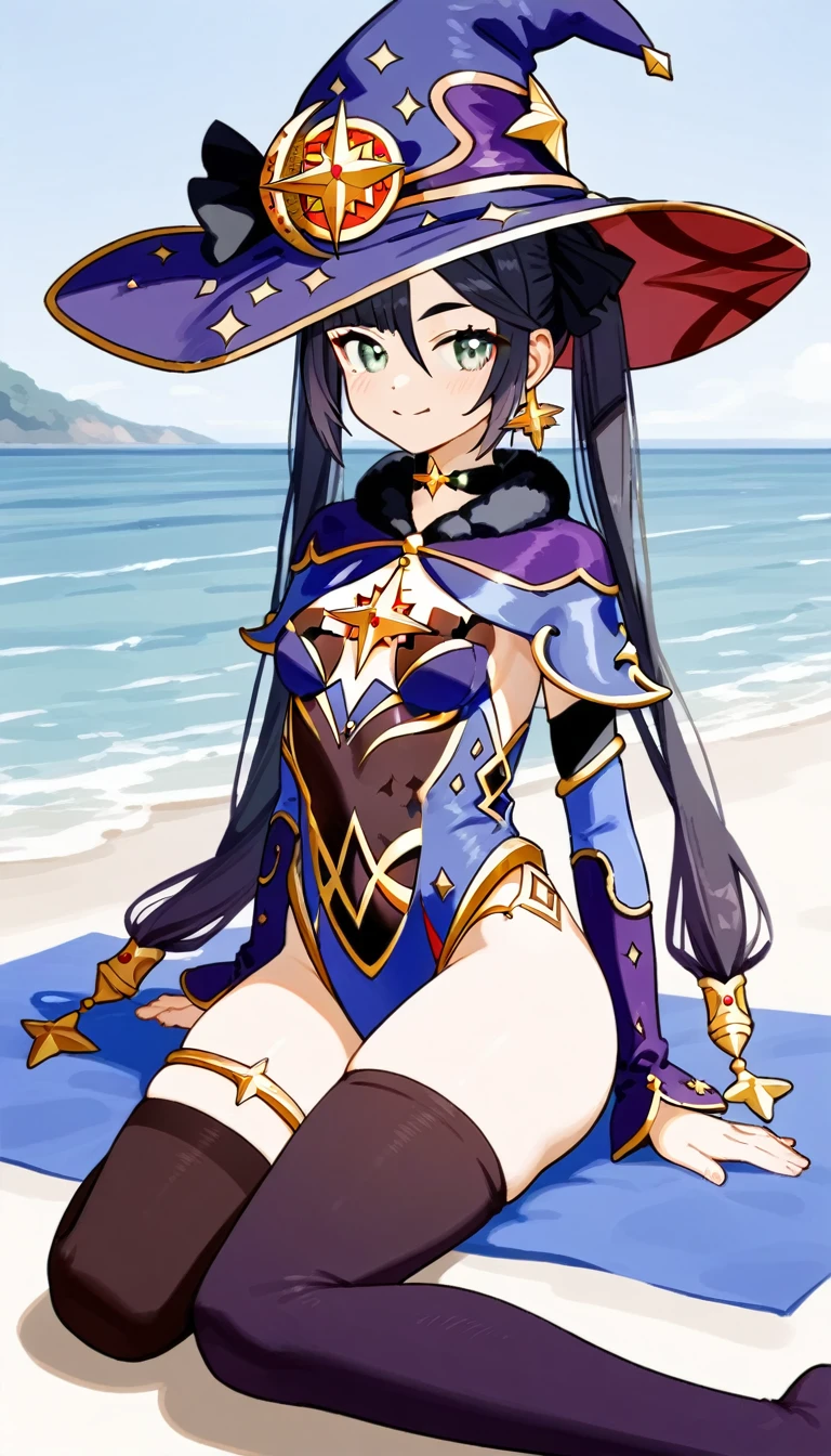 masterpiece,Ultra HD,score_9, score_8_superior, score_7_superior, score_6_superior,score_4_superior BREAK source_anime,可愛いanimeイラスト, One girl, alone, Mona XL, Long black hair, Green Eyes, tsurime, Twin tails, Medium chest, Witch Hat, Body stockings, leotard, Elbow hand pockets, Thigh guard,,View your viewers,smile,beach,Sitting,