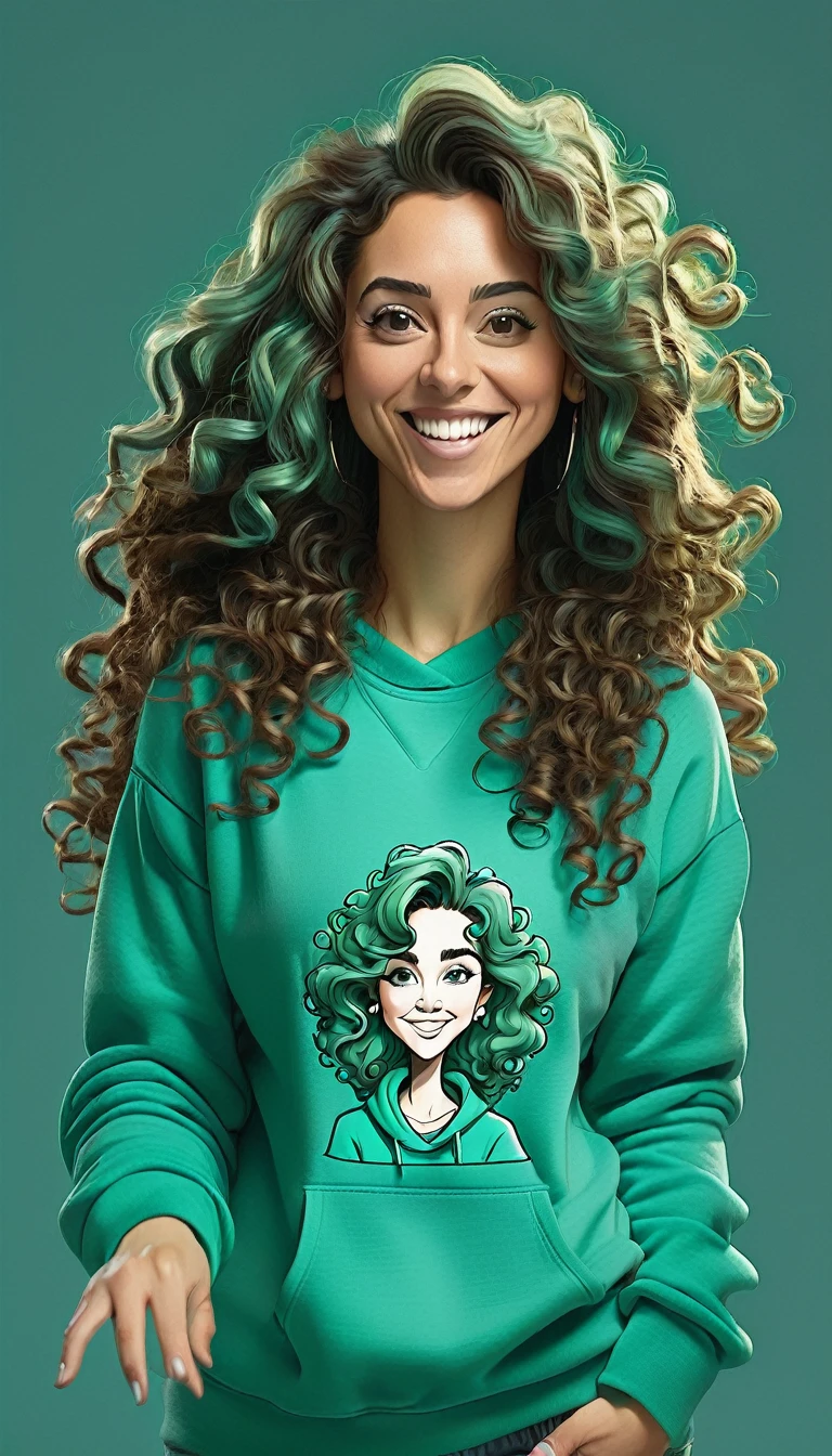 Created a full-body caricature image in high resolution, the character is a 30 year old woman, wears turquoise green sweatshirt, long  curly hair, points to the viewer with an outstretched hand