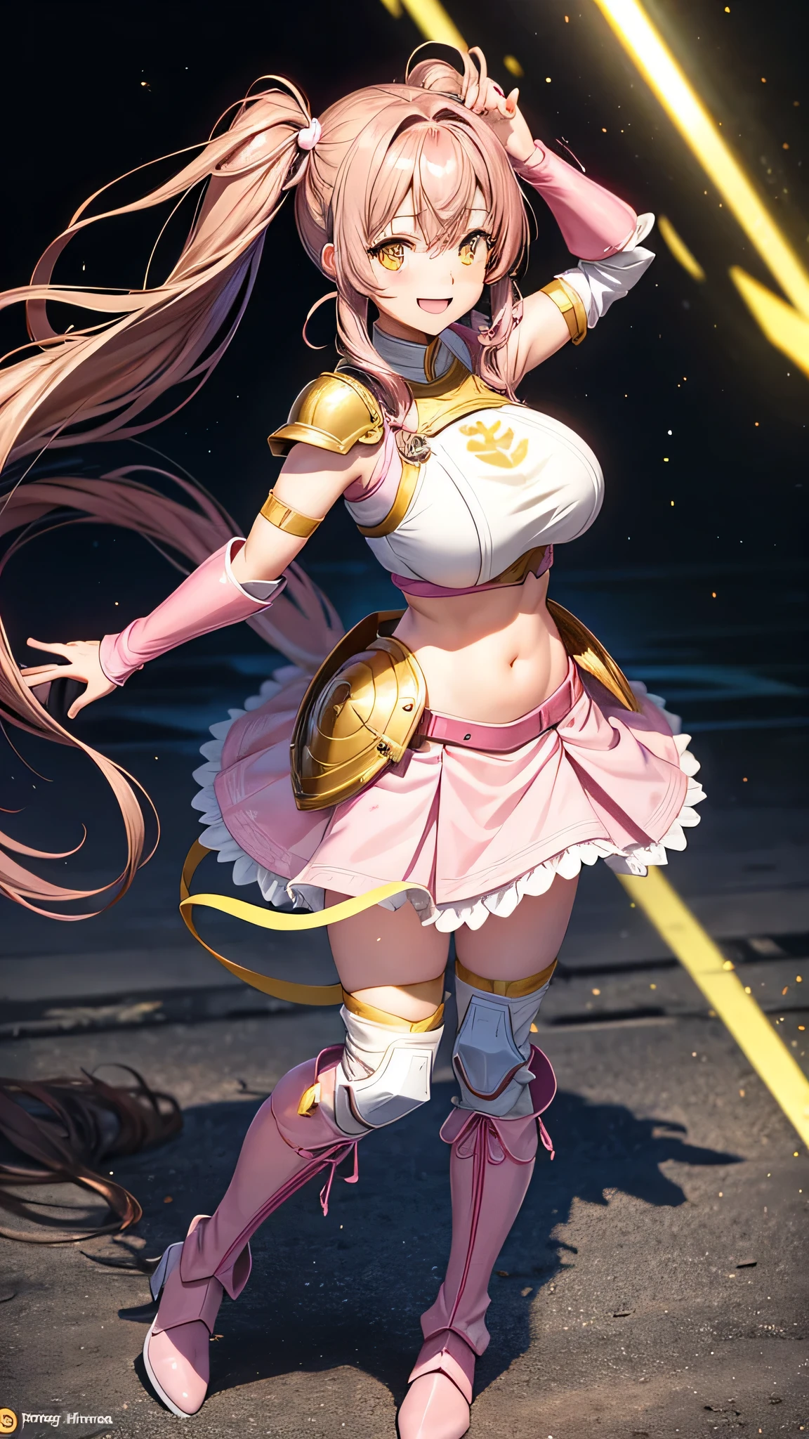 , brown hair, Twintail, yellow eyes, pink armor, Show your belly, smile, full body, pink boots, pink arm armor, white skirt armor, Big breasts