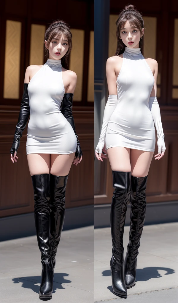 8K, masterpiece, RAW Photos, Highest quality, detailed:1.2),Realistic, Extremely detaileded CG unifies 8K, 8K, diamond, wallpaper, Written boundary depth, (Bright bedroom:1.2), Ray Tracing, (Very beautiful face, Beautiful Lips, Beautiful Eyes), intricate detailed face, ((ultra detaileded skin)) One Girl, Cute Korean Girl, K-POPアイドル,(Slim figure), ((Viewer Display)), (Bodycon mini dress),(High neck),(Injection Sleeve:1.1),(Silk mini dress:1.5) ,(Opera Gloves:1.5),(Knee-high boots:1.5),Cute Korean Girl,Clear Eyes, walking , (Pale skin), (Big eyes), ((Full Body Shot:1.5)), Bodycon mini dress, Tight mini dress , Colorful mini dresses, Plain Dress, Turn back, Side Shot, Slim figure, Healthy Thighs, Thigh Gap、(Place your arms behind your head:1.3)