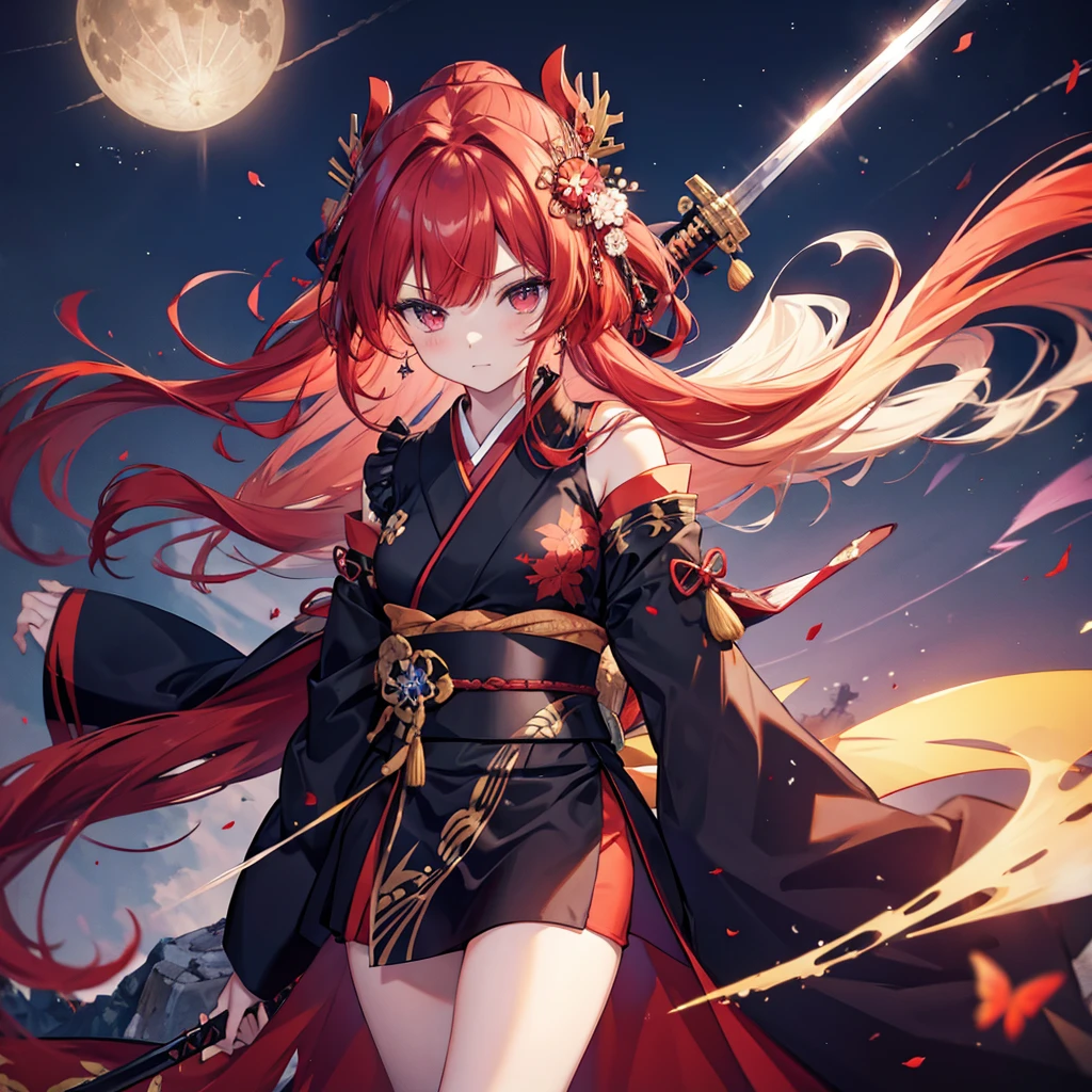 ((((Grasp the sword 1 person)))) (((Redhead Long Hair Black kimono red band Goddess of victory))) ((Red butterfly night Japanese style shoulder old)) (moon star autumn) Shining Edge Shining Background