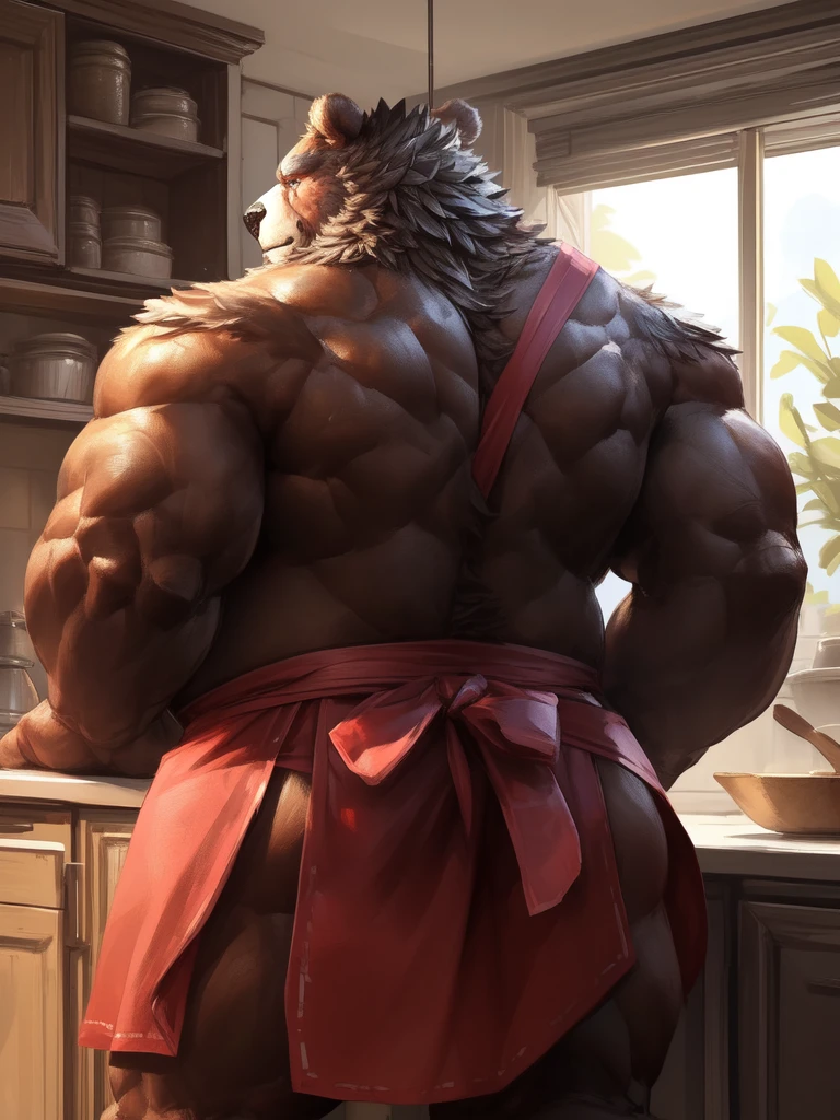 [lindong, lucusold], a man with a huge bear making a cholate, kitchen , ((muscular, belly)), apron, back view, thicc, danbooru and artstation, heavy detailed, insanely inflated hips, proportionally arms, commission for high res, detailed but rough, semirealistic:1.3