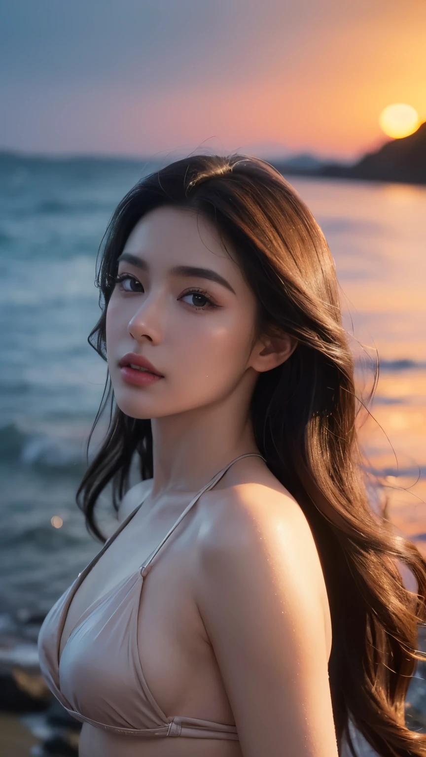 1 girl, elegant luxury bikini, beautiful detailed eyes, beautiful detailed lips, extremely detailed face, long eyelashes, cinematic, sunrise, ocean, dramatic lighting, photorealistic, (best quality,4k,8k,highres,masterpiece:1.2),ultra-detailed,(realistic,photorealistic,photo-realistic:1.37),vibrant colors,dramatic lighting,beautiful landscape,cinematic composition