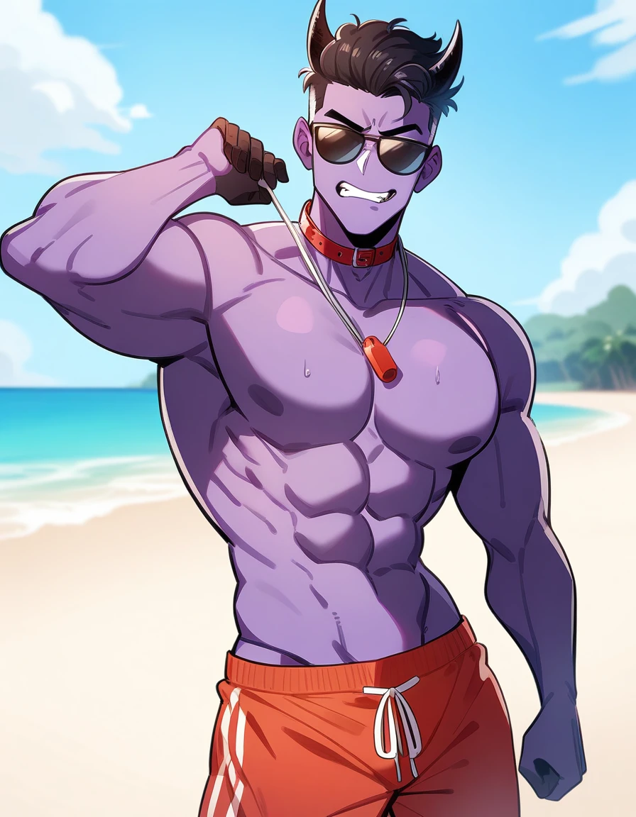 1 chico, purple skin boy, wearing sunglasses, black hair with small horns, short hair shaved on the sides, shirtless, athletic and fit body, careless strokes, Tumblr cartoon style, grimace of annoyance, boy looking at viewer, red beach shorts, stocky body, collar on his neck with a red whistle between his pectorals, wide pectorals, thin waist, background beach, Masterpiece, Best Quality, very aesthetic, absurdities, on the beach, Tumblr style, cuntje, trazo de cuntje, very short hair shaved on the sides