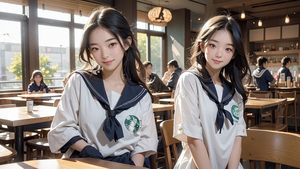 
(((((((Junior high school girl in sailor suit)))))))
(((((お洒落でcuteInside the Starbucks store)))))
8K、RAW Photos、Highest quality、Super detailed、Super Resolution、Ultra HD、8K壁紙、Amazing details



(((((((Inside the Starbucks store)))))))、((((((Sit down and eat cake、Drink Starbucks coffee、smile))))))、((Heart Necklace))




Modern and sleek design：Interior design using natural materials、Many of the designs are warm and made using wood and metal.。
Large windows：自然光をたっぷり取り入れるためのLarge windowsがあり、Providing a bright and open space。
Green Interior：Potted plants are effectively placed、It creates a relaxing atmosphere。
artwork：Works by local artists、Starbucks-related art on display。
Cozy seating：Cushioned chairs and sofas、Bar sheet etc.、A variety of seating options available。
Open kitchen area：Being able to see how drinks and food are made、We provide peace of mind and transparency。
Unique lighting：Antique lamps and chandeliers、Modern lighting fixtures are used。
Comfortable background music：Relaxing music is playing、A comfortable space is provided。
Wide々Table space：一人でもグループでも使いやすいWide々There is a table with。
Community Table：There is a large table where you can socialize with other customers.。
Seasonal decorations：The decorations are themed according to the season.。
Design with a local feel：The design incorporates the local culture and characteristics.。
Fragrance production：コーヒーの香りが店内にWideがり、A space that satisfies the five senses has been created.。
Conversation with a barista：フレンドリーなConversation with a baristaが楽しめるカウンターエリアがあります。




8K、RAW Photos、Highest quality、masterpiece:1.2、Super detailed、Super Resolution、Ultra HD、8K壁紙、Amazing details、Photorealistic:1.4、Having fun by the water、Full Body Shot、Full body photo、High-resolution RAW color photos、Professional photos、A scene full of emotion、Very detailed and beautiful、Ultra HD、8K壁紙、Amazing details、Huge file sizes、Highly detailed beautiful girls、Highly detailed face Highly detailed eyes、Extremely realistic skin、 Highly detailed fingers, Highly detailed nose, Highly detailed mouth, Perfect Anatomy, Highly detailed background, Highly detailed clothing, Teen, cute女の子, Famous Japanese Idols, cute, Realistic body, Slender, White skin, Glowing Skin, Slim body, Realistic Face, Delicate eyes, double eyelid, 

