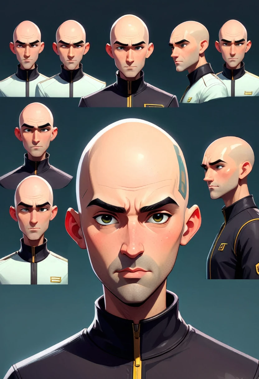 1 futuristic bald man, flat American, without any facial features, it seems that his face is lined with a type of texture, (ntf image), digital human, Character Design The character should be simple to draw, but should have distinctive and memorable features that help to make him stand out. Please generate a variety of poses and expressions for the character, and feel free to experiment with different clothing designs or accessories to help further develop his personality and style.