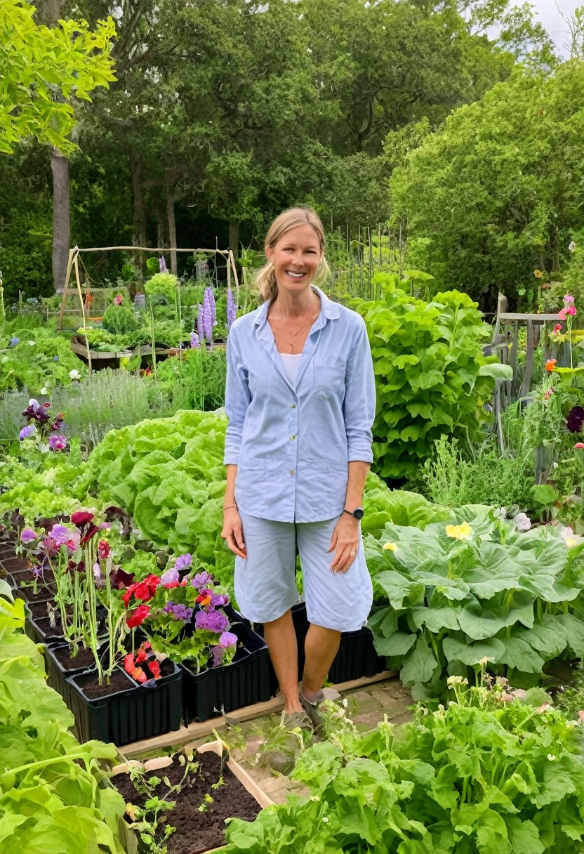 Dr. Amanda Eversfield in her garden, tending to vibrant flowers and vegetables, dressed in casual gardening clothes, with a relaxed and content expression, surrounded by greenery and blooming plants.