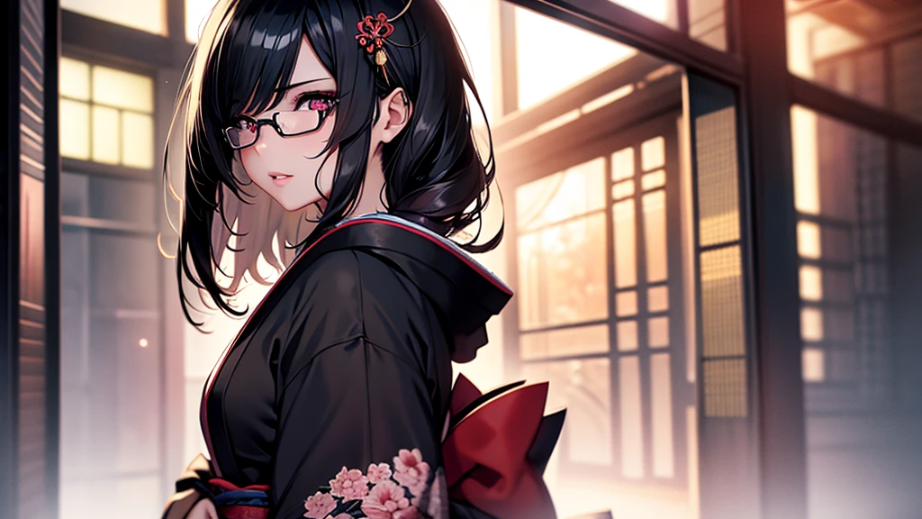 (1girl:1.3), Masterpiece, Best quality, amazing beauty, [[3D]], 4K, absurdres, finely detail, super detailed eye, perfect anatomy, official art, cinematic lighting, BREAK, Japanese-style room, long hair, black hair, super shiny detailed black eye, big eyes, sparkle(in the eyes), thin eyebrow, Gazing into the Distance, close-mouth, plump lips, Mascara, False eyelashes, pink lips, eyewear, happy face, BREAK , usually, tall, slender, fair skin, crossed arms, full body, from side, BREAK , ornate hairpin, BREAK,(kimono:1.3)