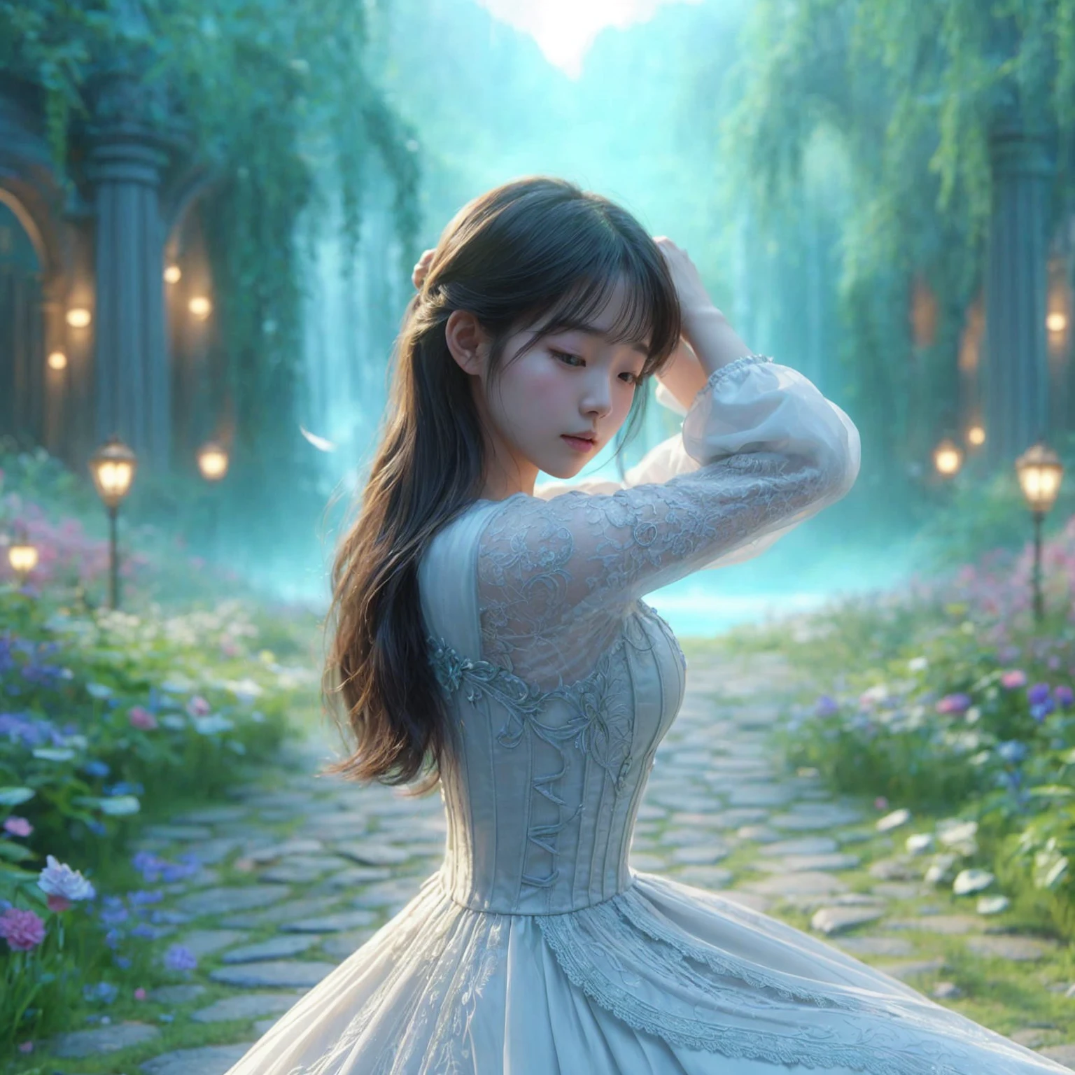 Generate a high-resolution 61k 3D image in a fairytale style, medium shot of a korean young woman as she finishes her dance, her arms slowly lowering to her sides. She takes a deep breath and calms herself, her gaze sweeping across the enchanting green landscape.
