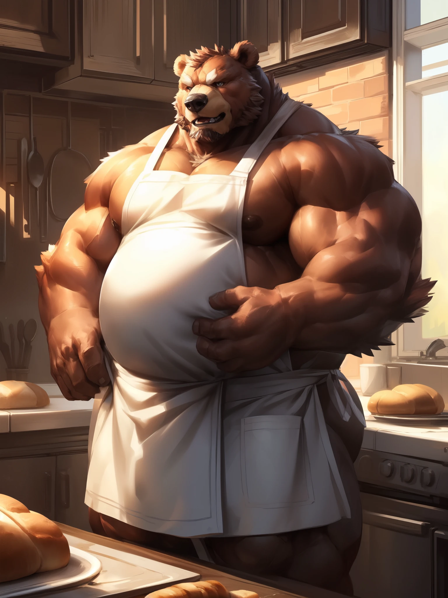 [lindong, lucusold], a man with a huge bear making a bread, kitchen , ((muscular, belly)), apron, thicc, danbooru and artstation, heavy detailed, insanely inflated hips, proportionally arms, commission for high res, detailed but rough, semirealistic:1.3