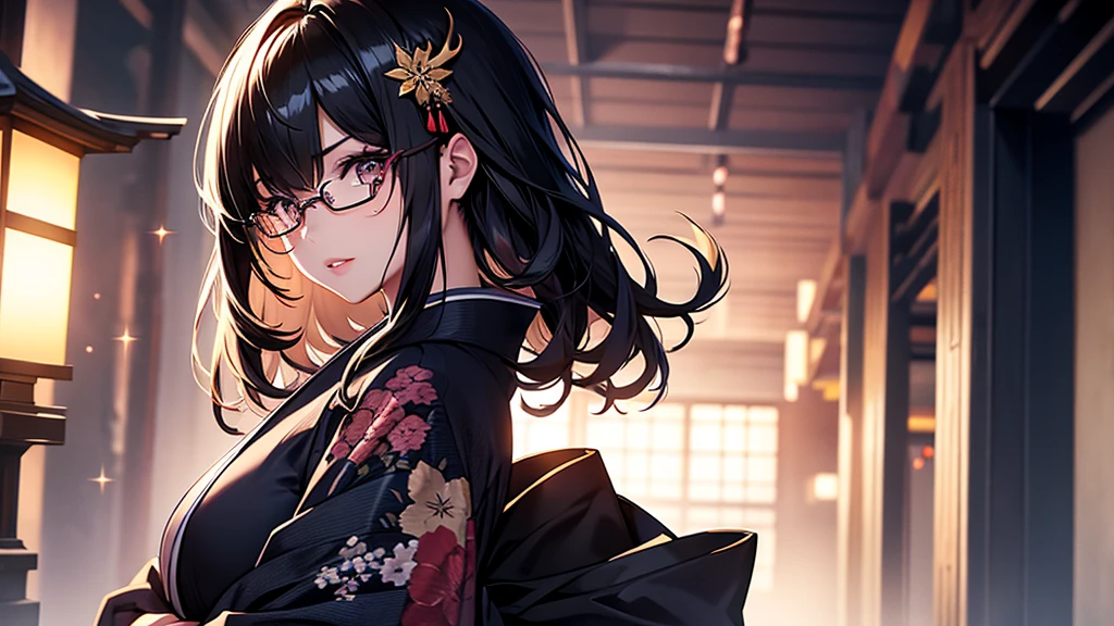 (1girl:1.3), Masterpiece, Best quality, amazing beauty, [[3D]], 4K, absurdres, finely detail, super detailed eye, perfect anatomy, official art, cinematic lighting, BREAK, Japanese-style room, long hair, black hair, super shiny detailed black eye, big eyes, sparkle(in the eyes), thin eyebrow, Gazing into the Distance, close-mouth, plump lips, Mascara, False eyelashes, pink lips, eyewear, happy face, BREAK , usually, tall, slender, fair skin, crossed arms, full body, from side, BREAK , ornate hairpin, BREAK,(kimono:1.3)