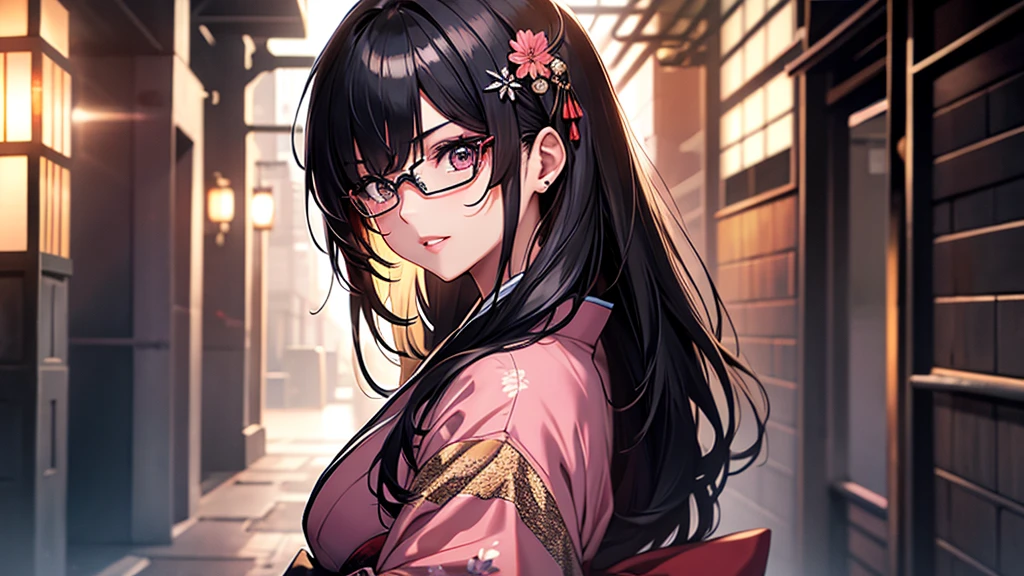 (1girl:1.3), Masterpiece, Best quality, amazing beauty, [[3D]], 4K, absurdres, finely detail, super detailed eye, perfect anatomy, official art, cinematic lighting, BREAK, Japanese-style room, long hair, black hair, super shiny detailed black eye, big eyes, sparkle(in the eyes), thin eyebrow, Gazing into the Distance, close-mouth, plump lips, Mascara, False eyelashes, pink lips, eyewear, happy face, BREAK , usually, tall, slender, fair skin, crossed arms, full body, from side, BREAK , ornate hairpin, BREAK,(kimono:1.3)