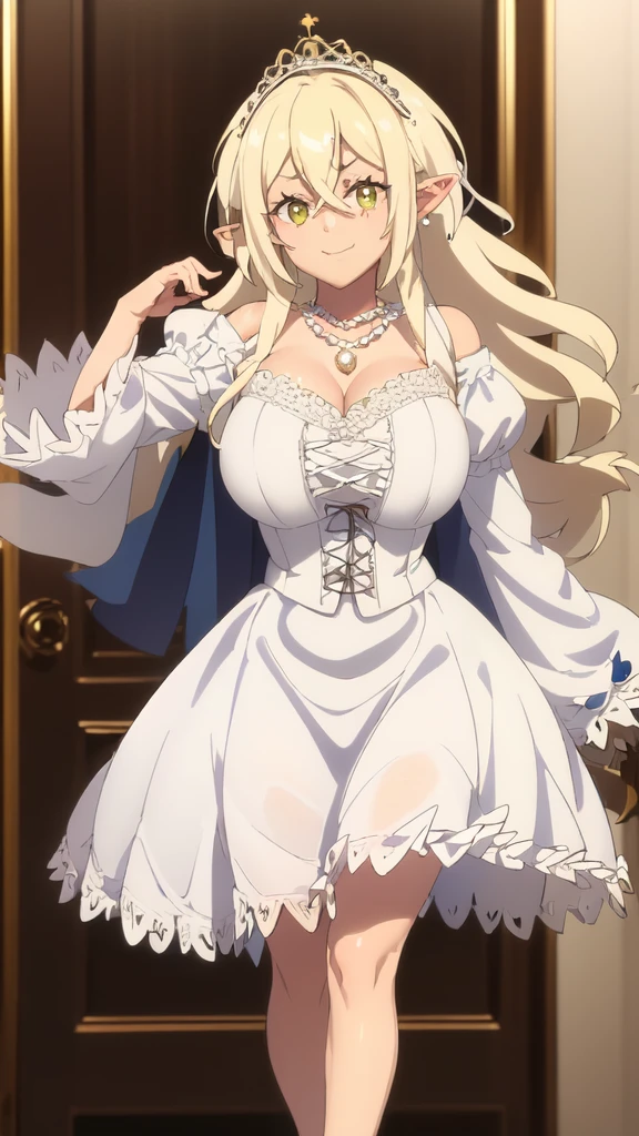 ikenaidorotea,1girl,solo,pointy_ears, smirk, wearing a stately and (((elaborate))) Royal Cinderella ballgown of white satin and tulle adorned with large satin poufs, (((huge ribbon bows))), roses, lace, frills, flounces, silver embroidery, silver braid, and jewels, with (((enormous puffed sleeves))), a very stiff padded and whaleboned bodice, and a (((voluminous crinoline hoopskirt))), (((bustle))) and long train, long white gloves, pearl and diamond necklace and earrings, anime, cartoon, cute