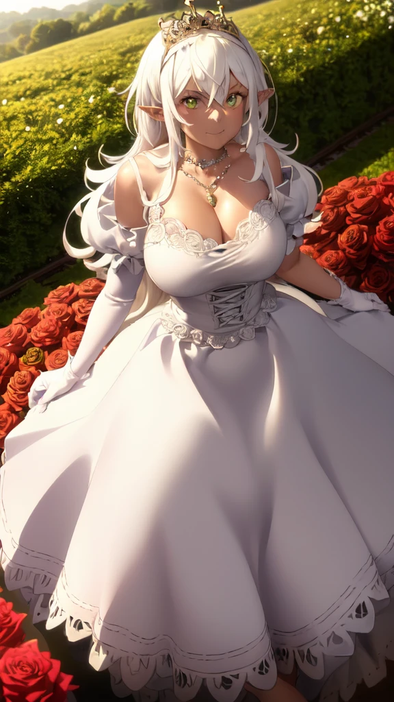 ikenaidorotea,1girl,solo,pointy_ears, smirk, wearing a stately and (((elaborate))) Royal Cinderella ballgown of white satin and tulle adorned with large satin poufs, (((huge ribbon bows))), roses, lace, frills, flounces, silver embroidery, silver braid, and jewels, with (((enormous puffed sleeves))), a very stiff padded and whaleboned bodice, and a (((voluminous crinoline hoopskirt))), (((bustle))) and long train, long white gloves, pearl and diamond necklace and earrings, anime, cartoon, cute