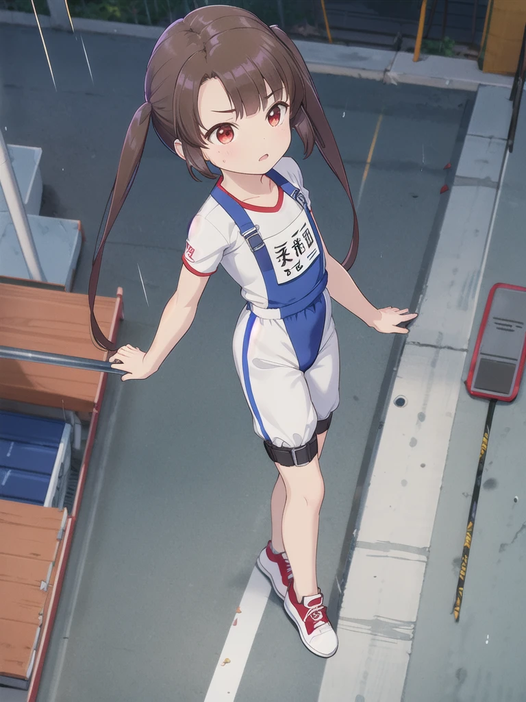 1girl,Floating in the air,high place,{{{{Red harness}}}},Look Up,Brown rope_climb,A view from above,Watching the audience,Outdoor,night,rain,White square bib number,Gym suit,Blue Bloomers,Red eyes,Long twin tails,Brown Hair,Eyebrows visible through hair,Flat Chest,,Focus on face,Straight face