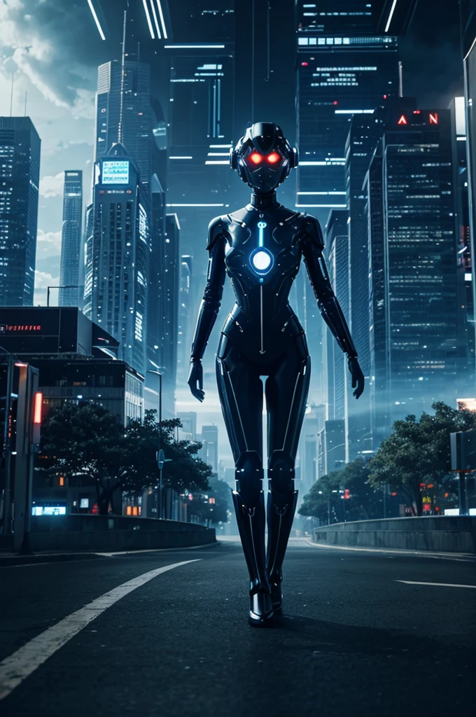 "Produce a scene depicting AI entities interacting in a futuristic environment and city.