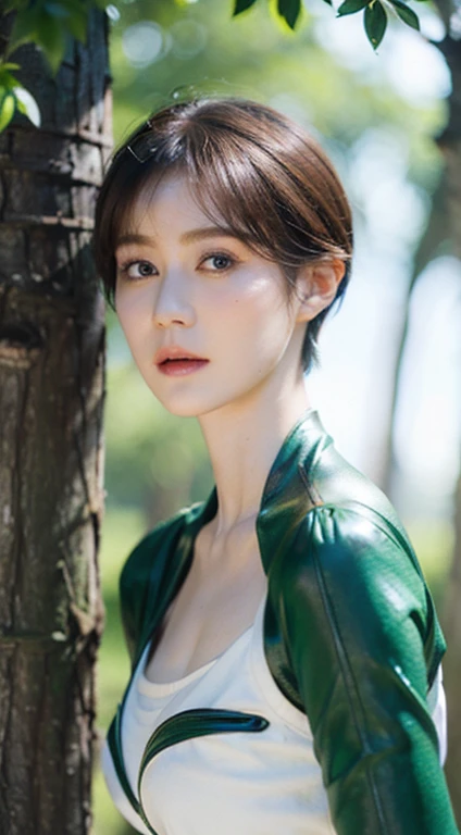 (Masterpiece:1.2), (Pale skin:1.2), (8K:1.2), (Solo:1.2), (Female:1.1), (emphasis lines:1.3),, Delicate short hair, (Outdoors:1.2), park, Green trees, Birds, , huge-breasted, (seen from the front:1.1), , thigh high, Body painting art，Close up