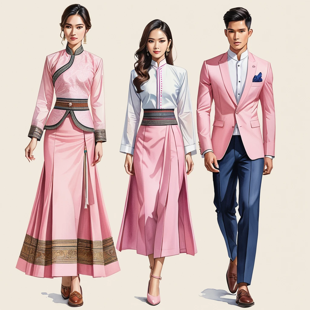 candid fashion illustration of two young man and women, 20-27 year old, adorned in a meticulously crafted North Thai Lanna traditional costume, ((showcase in cotton handwoven outfit in pink)), simple elegant style, The man wears a simple long-sleeved white mandarin collar suit, paired with Tailor pants, and oxford shoes, The woman complements him with ankle-length pencil skirt, with simple patterns details, fitted intricately blouse that complements the skirt, Captured in full-body image, stand still, look at the viewer, ((imperfect water-color background)), sketching, realistic drawing, imperfect water color painting, fashion look book, fashion illustrator, sketch design, the image boasts high-quality, Lanna style, North Thai traditional costume, natural pink.