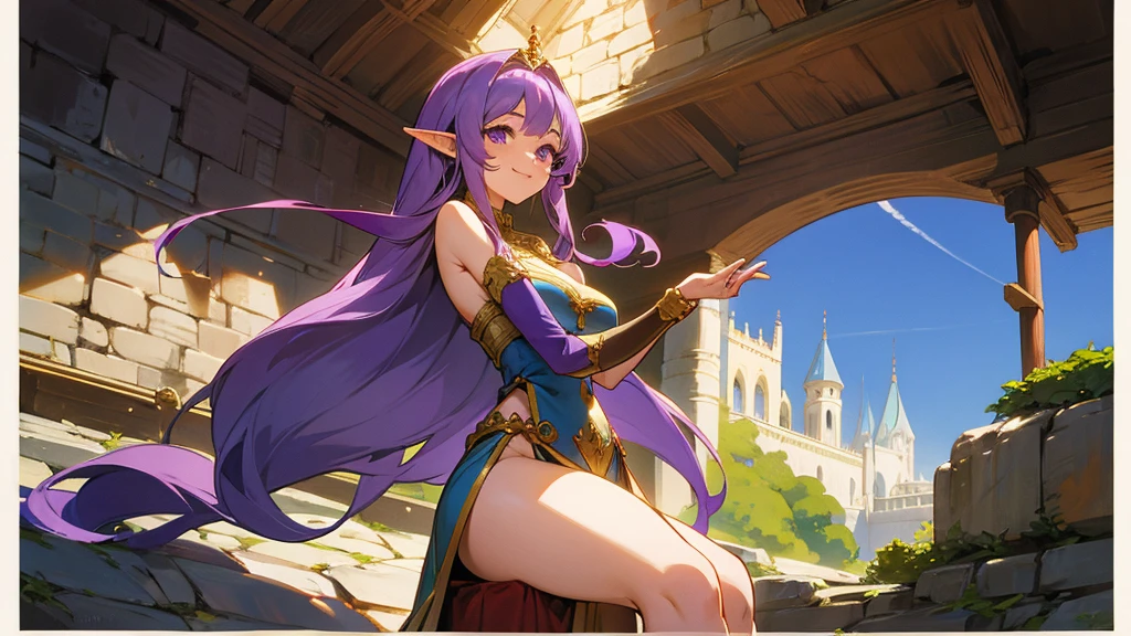 Anime Style,Nostalgic,Detailed background,The medieval world,A palace-like cave,A beautiful purple-haired smiling bard elf,Large Breasts,Healthy thighs,Underarm,Lots of people