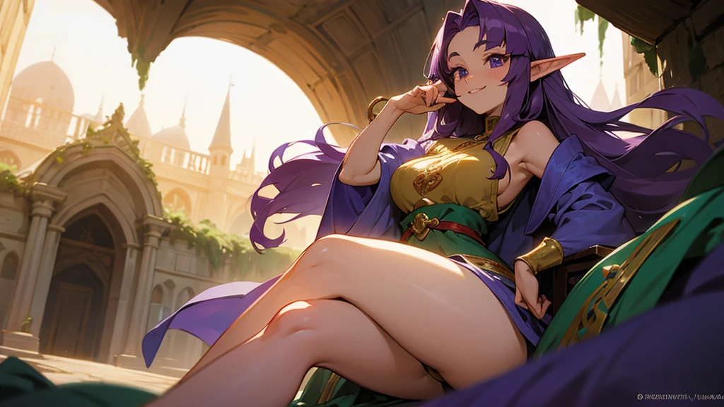 Anime Style,Nostalgic,Detailed background,The medieval world,A palace-like cave,A beautiful purple-haired smiling bard elf,Large Breasts,Healthy thighs,Underarm,Lots of people