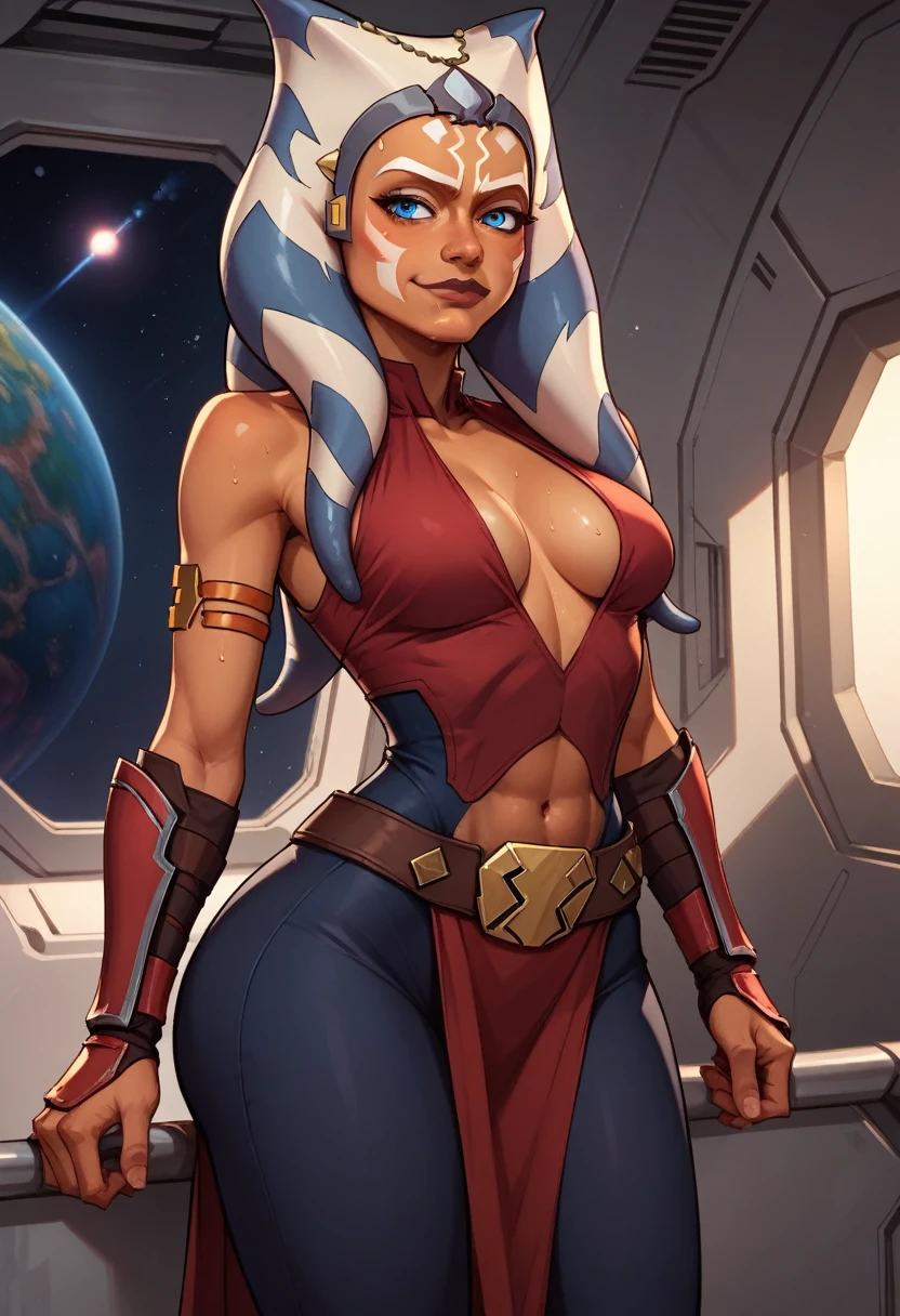 score_9, score_8_up, score_7_up, score_6_up, BREAK Ahsoka, wearing smuggler outfit, cleavage, medium breasts, seductive smirk,sweating, wide hips, big ass, on a spaceship, in space