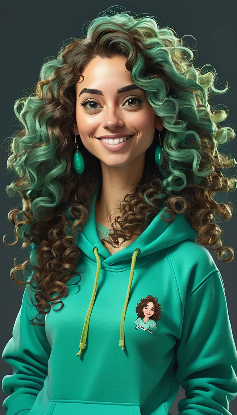 Create a full-body caricature image in high resolution, the character is a 30 year old woman, wears turquoise green sweatshirt, long curly hair