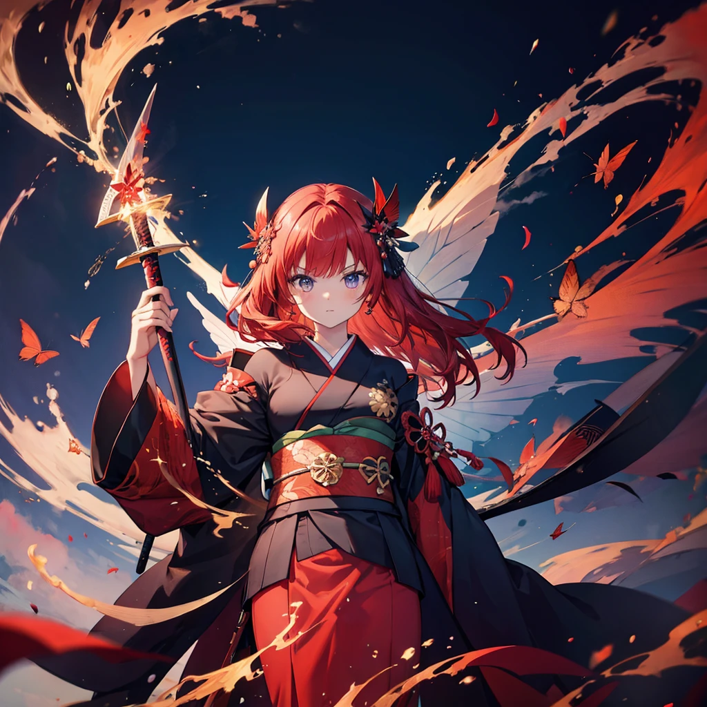 ((((Grasp the sword　1 person))))　(((Redhead　Long Hair　Black kimono　red band　Goddess of victory)))　((Red butterfly　night　Japanese style　shoulder　old))　(moon　star　autumn)　Shining Edge　Shining Background