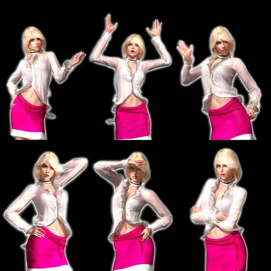 six poses of an European girl, pale blonde hair, blue eyes, swedish, as a character in Out Run 2, of SEGA, 3D CG from the 2000s, Jennifer, 2k, 2 k, slightly open mouth as to say "hey", realistic, render of april, fighting game character, nina from tekken, cold and a bit sexy, v from devil may cry, (a stern look),