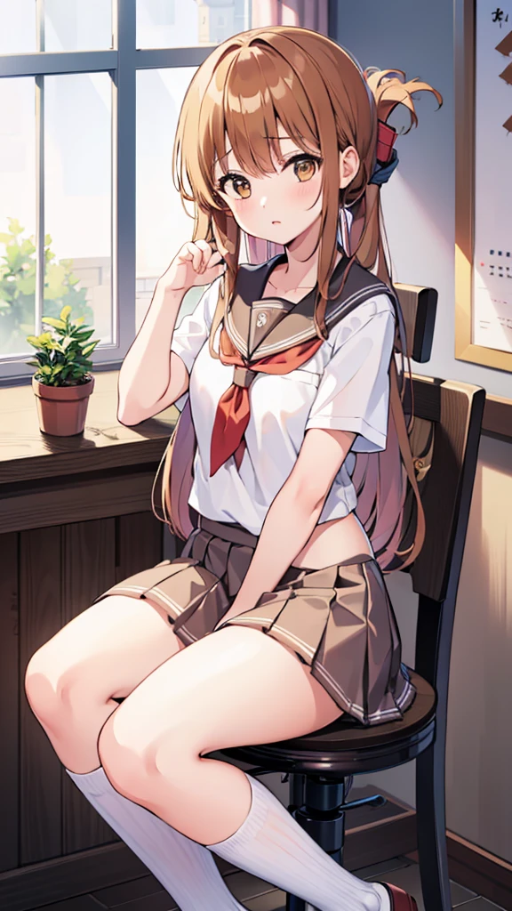 (masterpiece, best quality:1.2),illustration,8k,hd,1girl,solo,upper body,(portrait:1.2),brown_hair,folded_ponytail,brown_eyes,serafuku,long_hair,school_uniform,skirt,pleated_skirt,