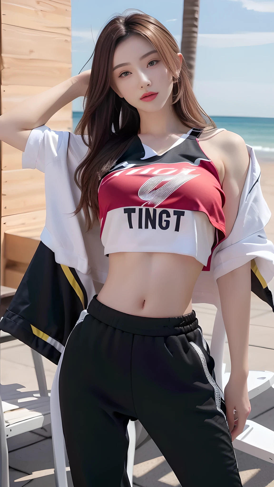 a close up of a woman in a crop top and black pants, crop shirt and strong abs, tinyest midriff ever, wearing crop top, wearing a sexy cropped top, skinny waist and thick hips, beautiful midriff, wearing a crop top, physical : tinyest midriff ever, with ripped crop t - shirt, sporty physique
