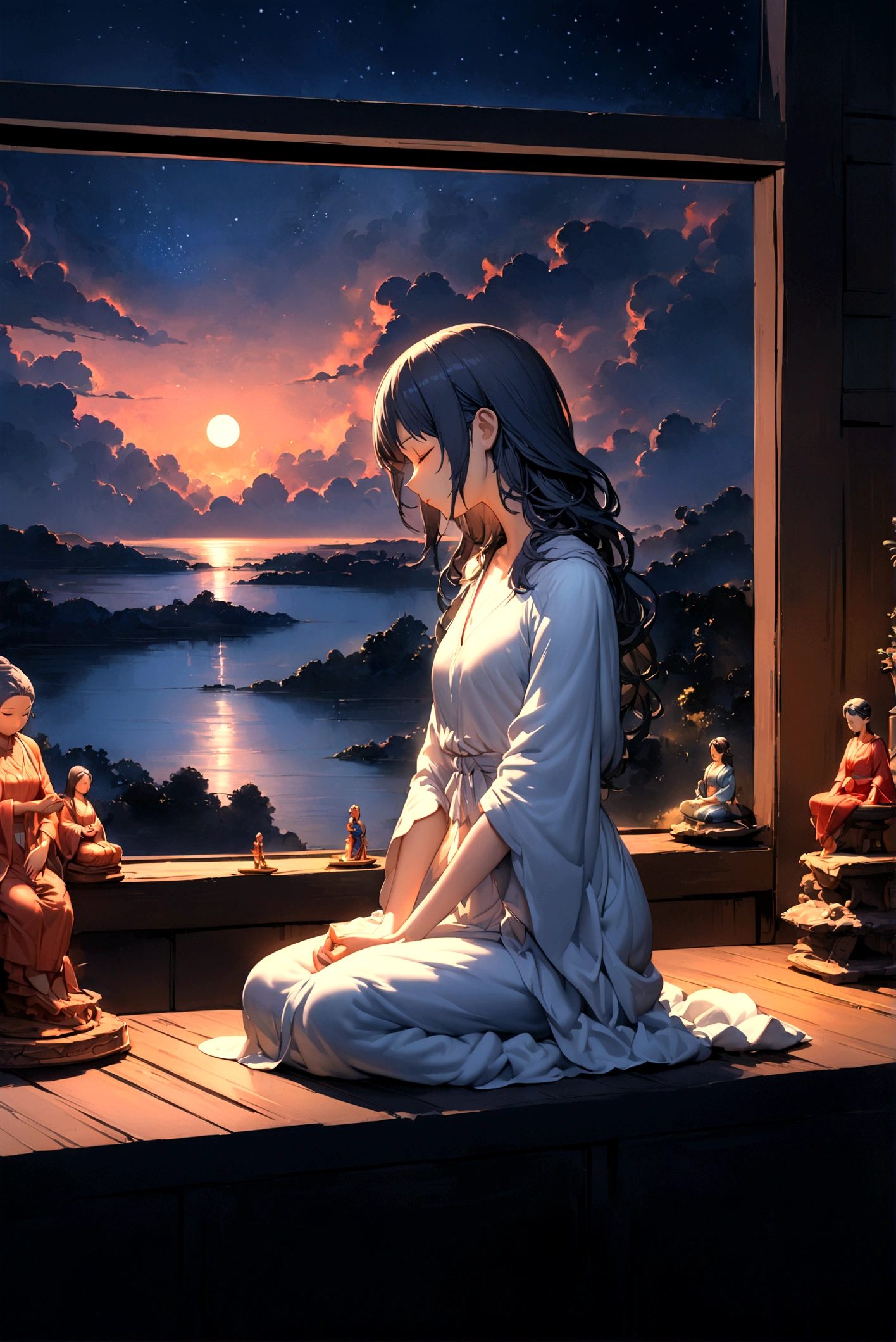 (Girl meditating near a bar against a cloudy night sky),figure,oil,Very detailed,Ultra-fine painting,Attractive girl with eyes closed,Sit quietly,Bathed in the soft moonlight,Mysterious atmosphere,Dark and dreamy,Meditative Silence,Vibrant colors,Delicately drawn clouds and stars,calm and serene landscape.