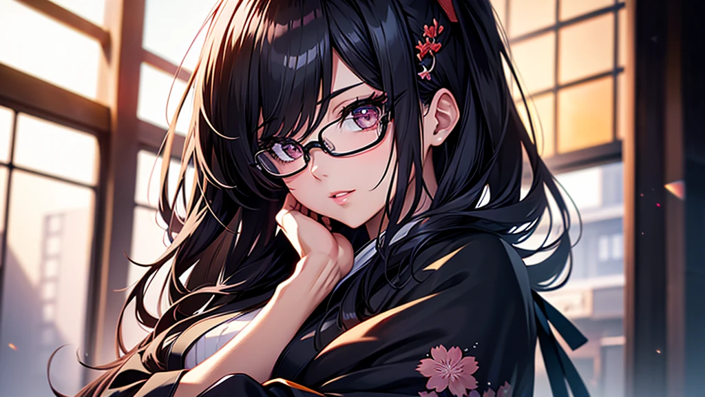 (1girl:1.3), Masterpiece, Best quality, amazing beauty, [[3D]], 4K, absurdres, finely detail, super detailed eye, perfect anatomy, official art, cinematic lighting, BREAK, Japanese-style room, long hair, black hair, super shiny detailed black eye, big eyes, sparkle(in the eyes), thin eyebrow, Gazing into the Distance, close-mouth, plump lips, Mascara, False eyelashes, pink lips, eyewear, happy face, BREAK , usually, tall, slender, fair skin, crossed arms, full body, from front, BREAK , ornate hairpin, BREAK,(kimono:1.3)