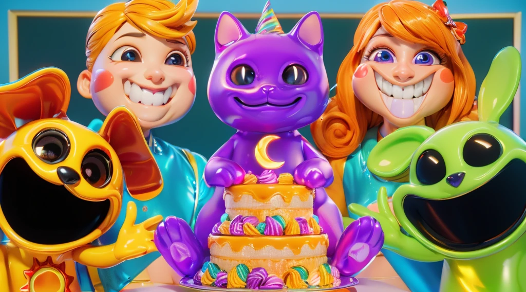 3d style, simplified design, 3d render, glossy texture, smooth 3d model, multiple light sources, rim light, sharp post effects render, (glossy plastic texture with multiple big light probe refractions), perfect cgi, smooth silhouette, high intensity refraction, (super glossy material), most beautiful vfx , blue background, plastic refractions, realistic, 4k, high resolution, rim light, photo shoot, commercial photo, profile shot, 4k, rim light, high resolution, 4k, glossy texture, smooth 3d model, multiple light sources, rim light, sharp post effects render, (glossy metallic texture with multiple big light probe refractions), perfect cgi, cgi art created only with gradients, smooth silhouette, high intensity refraction, (super glossy chrome material), most beautiful vfx, blue background, chrome metal refractions, multiple light sources, rim light, sharp post effects render, perfect cgi, digital art, detailed digital art, reflective, best quality, 4k, masterpiece:1.2, ultra-detailed, realistic, vivid colors, dark and moody lighting, The image of the highest quality, ensuring every detail is showcased perfectly. It in 4k resolution, allowing viewers to immerse themselves in the richness of the colors and intricate details. The realistic rendering. under the spotlight, reflecting, high-resolution image, realistic rendering, dark background, and rim light photorealistic The image features three characters standing in front of three houses. The characters are a red-haired mermaid, a purple cat, and an orange dog. They are each holding a yellow maraca