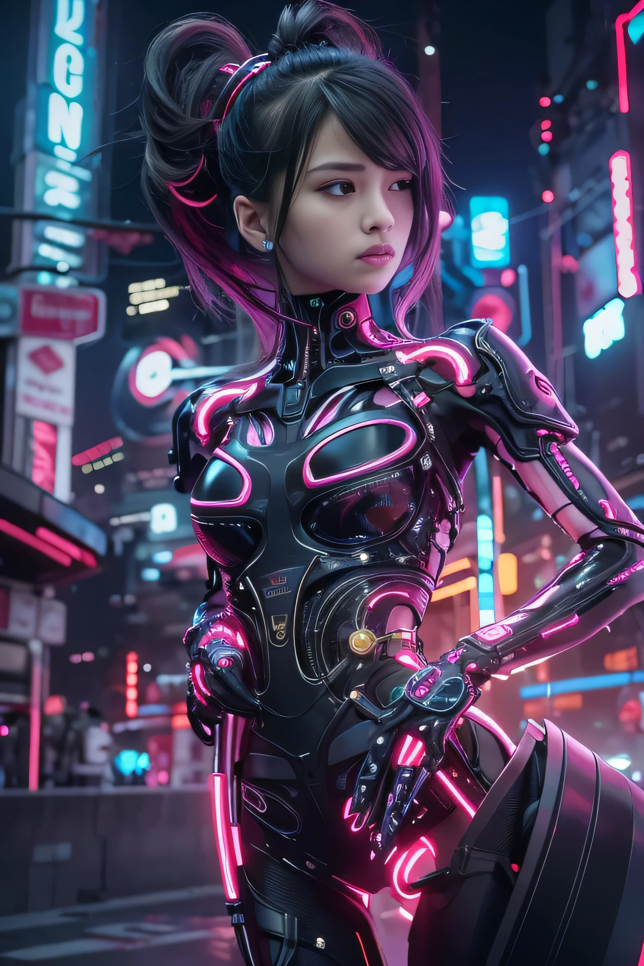 Highest quality, masterpiece, Ultra-high resolution, ((Realistic: 1.4), RAW Photos, 1. Cyberpunk Girl, 14 years old, Black Hair, Glowing Skin, 1. Mechanical Girl, (Ultra-Realistic Details)), Cinema Lighting, Deep Shadow, Octane Rendering, 8K, Super sharp, Metal, Exquisite decorative details, More about Egypt, Very intricate details, Realistic Light, CGSoation Trend, To the camera, Neon Light Details, Mechanical Limbs, Blood vessels connected to tubes, Mechanical vertebrae attached to the back, Mechanical cervical attachment to the neck, Wires and cables connecting to the head, Evangelion, Glowing little light, (A dazzling cyberpunk cityscape in the background).(RAW Photos:1.2),Camel Toe,Hollow On,Sweat Legs,, Smooth pink skin, shiny Metallic glossy skin, Shiny,Widen the leg shape,Angry expression,Bad mood,Irritated, whole body,whole bodyのような