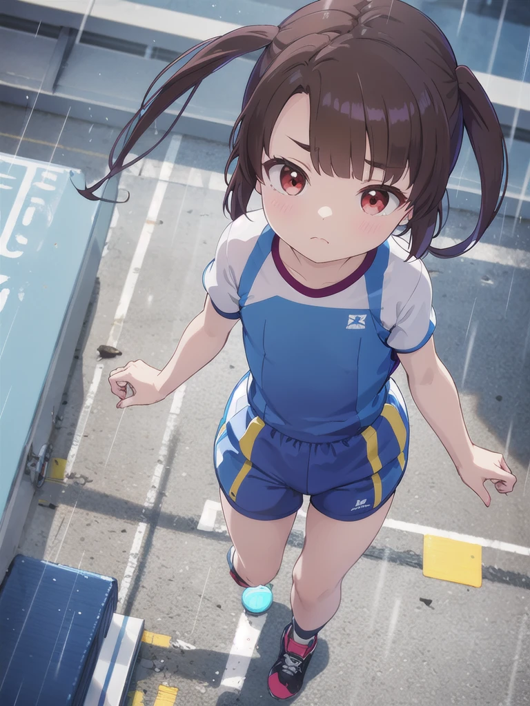 1girl,Floating in the air,Floating,{{{{Red harness}}}},Look Up,Brown rope_cling,A view from above,Watching the audience,Outdoor,night,rain,White square bib number,Gym suit,Blue Bloomers,Red eyes,Long twin tails,Brown Hair,Eyebrows visible through hair,Flat Chest,,Focus on face,Straight face