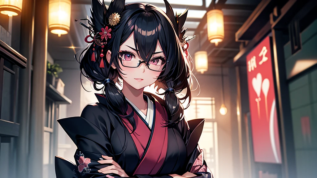 (1girl:1.3), Masterpiece, Best quality, amazing beauty, [[3D]], 4K, absurdres, finely detail, super detailed eye, perfect anatomy, official art, cinematic lighting, BREAK, Japanese-style room, long hair, black hair, super shiny detailed black eye, big eyes, sparkle(in the eyes), thin eyebrow, Gazing into the Distance, close-mouth, plump lips, Mascara, False eyelashes, pink lips, eyewear, happy face, BREAK , usually, tall, slender, fair skin, crossed arms, full body, from front, BREAK , ornate hairpin, BREAK,(kimono:1.3)