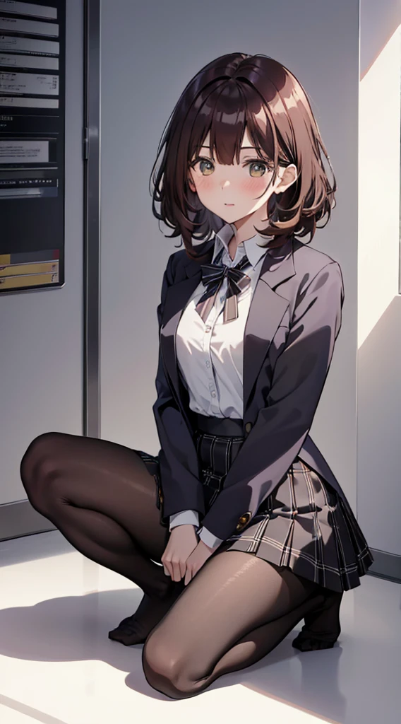 Highest quality, masterpiece, High resolution, (Head to Toe full body), front, frontやや下からの構図, Symmetric, Tall 18 year old girl, alone, (Head to Toe), (Small breasts), Unkempt brown hair, bangs, (black tights), (Black Pantyhose), (Sit with your legs apart), (Crouching pose), (Composition depicting white panties), (Her legs were spread、I see your white pants.), (I was made to sit on the floor with my legs spread...), (M-shaped feet), Thin legs, とても美しくTall 18 year old girl, (No shoes), blush, Shy big eyes, Looking into the camera, Blazer Uniform, Checkered Pleated Skirt