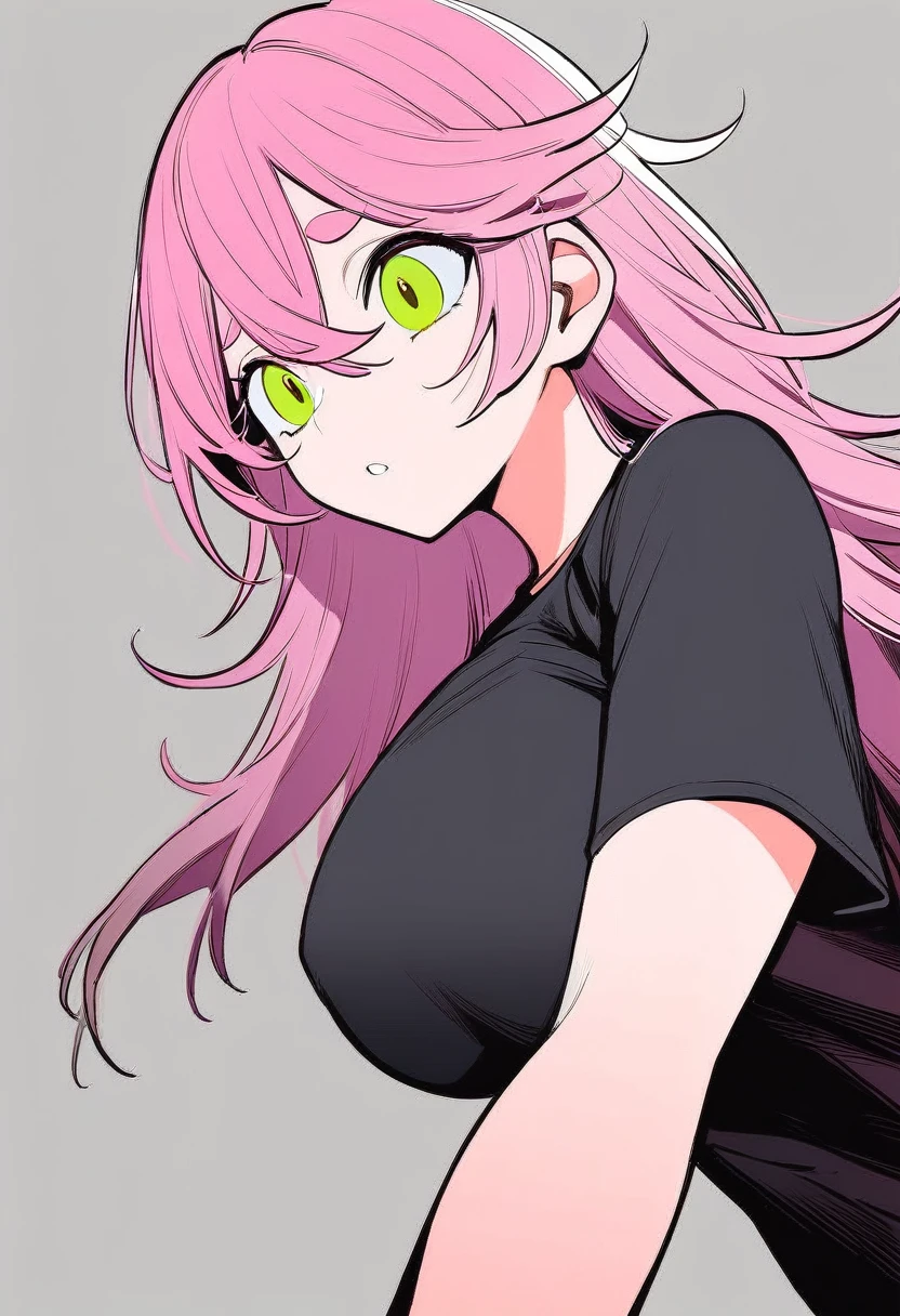 1 woman, alone, adolescent, pink fur, broad, messy hair, corrugated shelter, long bangs, green eyes, big breasts, large eyes, In combat pose, (Long black t-shirt, pink jacket), (Gray background, simple background), Upper part of the body, Masterpiece, Best Quality, dynamic angle, Open hand facing forward, Big eyebrows