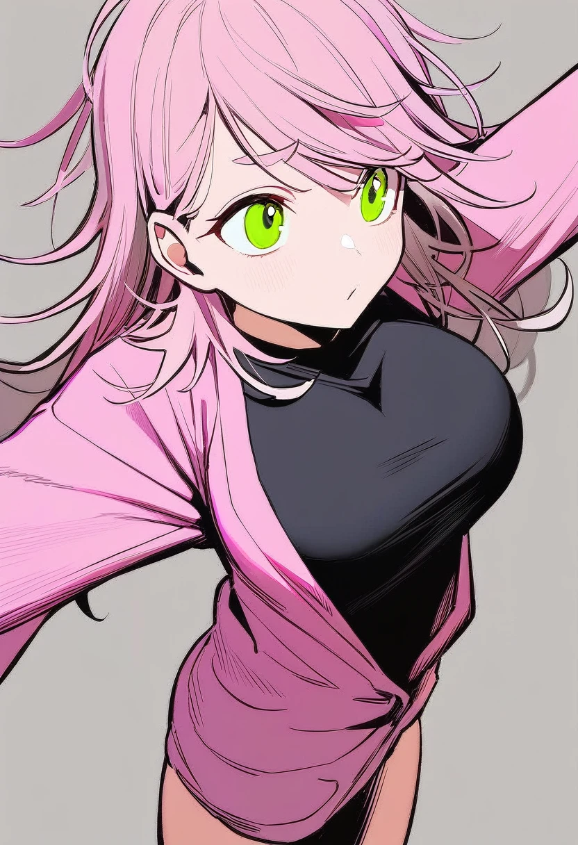 1 woman, alone, adolescent, pink fur, broad, messy hair, corrugated shelter, long bangs, green eyes, big breasts, large eyes, In combat pose, (Long black t-shirt, pink jacket), (Gray background, simple background), Upper part of the body, Masterpiece, Best Quality, dynamic angle, Open hand facing forward, Big eyebrows
