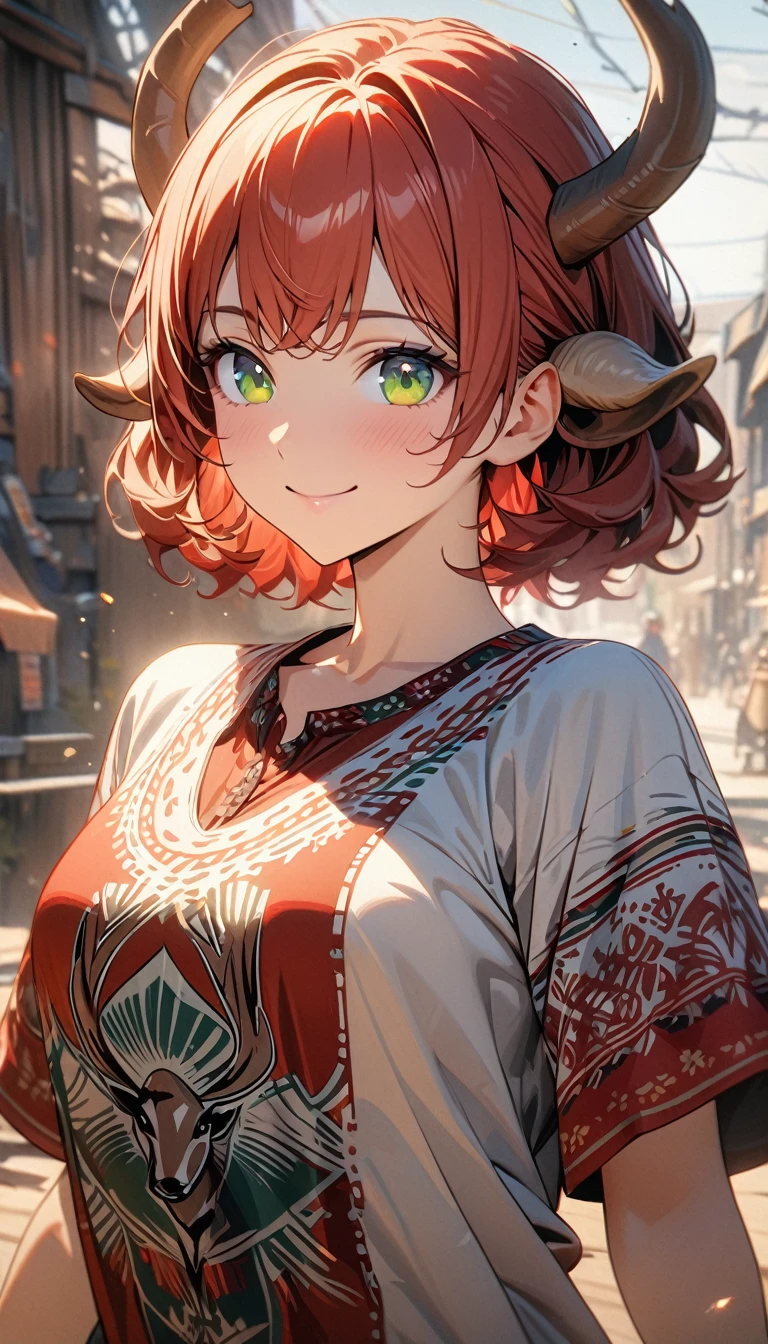 Young girl, short red curly hair, deer horns, green eyes, old Russian shirt, Slavic shirt, smile, firest, Masterpiece, best quality, Full HD, 8k, ultra details, great graphic