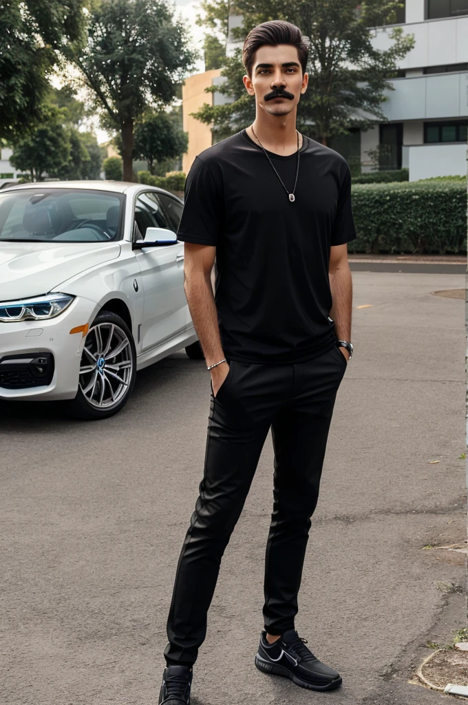 A 6.1ft 11th standard boy, healthy, black pants and black shirt, light mustache, light hair, standing outside a bmw