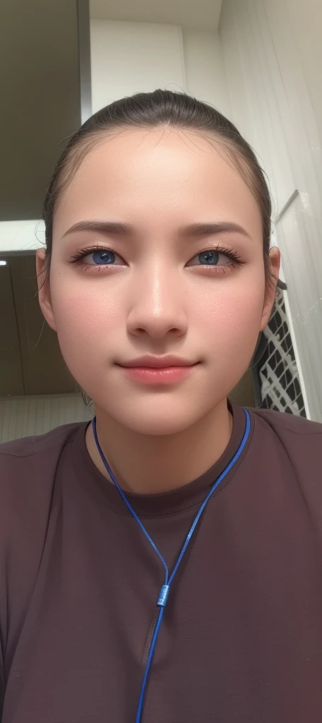 Beautiful big breastokeh), indoors, detailed luxury living room, gentle and charming beautiful goddess, Korean(kpop-idol), solo, necklace, oval face, smart, good hands, good feet, Natural, (from below angle), (glossy skin:1.05), ((low angle)), Perfect figure, (64k, UHD, RAW photo, best quality, masterpiece:1.4), (realistic, photo-realistic:1.37), ultra high res, photon mapping, radiosity, physically-based rendering, professional soft lighting, blue eyes, purpel hair