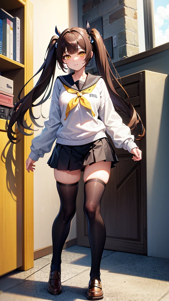 , brown hair, Twintail, yellow eyes, student, full body, โรงเรียน