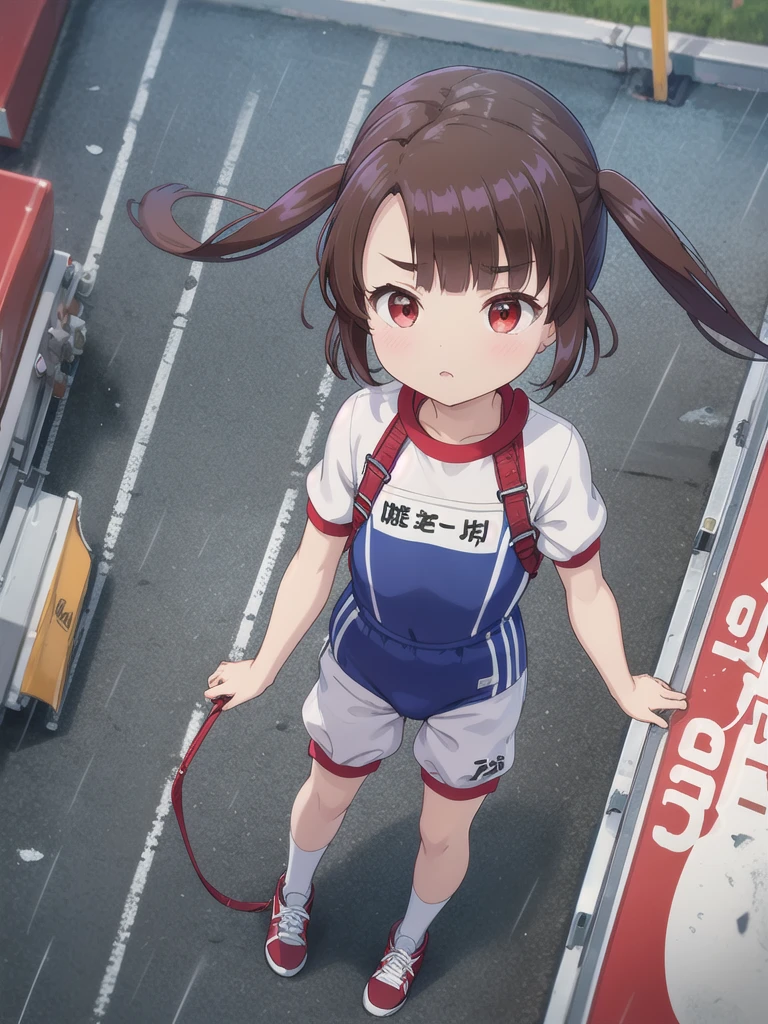 1girl,Floating in the air,Floating in the air,{{{{Red harness}}}},Look Up,Brown rope＿have,A view from above,Watching the audience,Outdoor,night,rain,White square bib number,Gym suit,Blue Bloomers,Red eyes,Long twin tails,Brown Hair,Eyebrows visible through hair,Flat Chest,,Focus on face,Straight face 