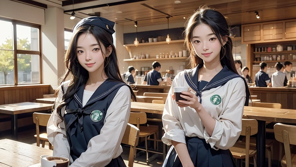 
(((((((Junior high school girl in sailor suit)))))))
(((((お洒落でcuteInside the Starbucks store)))))
8K、RAW Photos、Highest quality、Super detailed、Super Resolution、Ultra HD、8K壁紙、Amazing details



(((((((Inside the Starbucks store)))))))、((((((Sit down and eat cake、Drink Starbucks coffee、smile))))))、((Heart Necklace))




Modern and sleek design：Interior design using natural materials、Many of the designs are warm and made using wood and metal.。
Large windows：自然光をたっぷり取り入れるためのLarge windowsがあり、Providing a bright and open space。
Green Interior：Potted plants are effectively placed、It creates a relaxing atmosphere。
artwork：Works by local artists、Starbucks-related art on display。
Cozy seating：Cushioned chairs and sofas、Bar sheet etc.、A variety of seating options available。
Open kitchen area：Being able to see how drinks and food are made、We provide peace of mind and transparency。
Unique lighting：Antique lamps and chandeliers、Modern lighting fixtures are used。
Comfortable background music：Relaxing music is playing、A comfortable space is provided。
Wide々Table space：一人でもグループでも使いやすいWide々There is a table with。
Community Table：There is a large table where you can socialize with other customers.。
Seasonal decorations：The decorations are themed according to the season.。
Design with a local feel：The design incorporates the local culture and characteristics.。
Fragrance production：コーヒーの香りが店内にWideがり、A space that satisfies the five senses has been created.。
Conversation with a barista：フレンドリーなConversation with a baristaが楽しめるカウンターエリアがあります。




8K、RAW Photos、Highest quality、masterpiece:1.2、Super detailed、Super Resolution、Ultra HD、8K壁紙、Amazing details、Photorealistic:1.4、Having fun by the water、Full Body Shot、Full body photo、High-resolution RAW color photos、Professional photos、A scene full of emotion、Very detailed and beautiful、Ultra HD、8K壁紙、Amazing details、Huge file sizes、Highly detailed beautiful girls、Highly detailed face Highly detailed eyes、Extremely realistic skin、 Highly detailed fingers, Highly detailed nose, Highly detailed mouth, Perfect Anatomy, Highly detailed background, Highly detailed clothing, Teen, cute女の子, Famous Japanese Idols, cute, Realistic body, Slender, White skin, Glowing Skin, Slim body, Realistic Face, Delicate eyes, double eyelid, 


