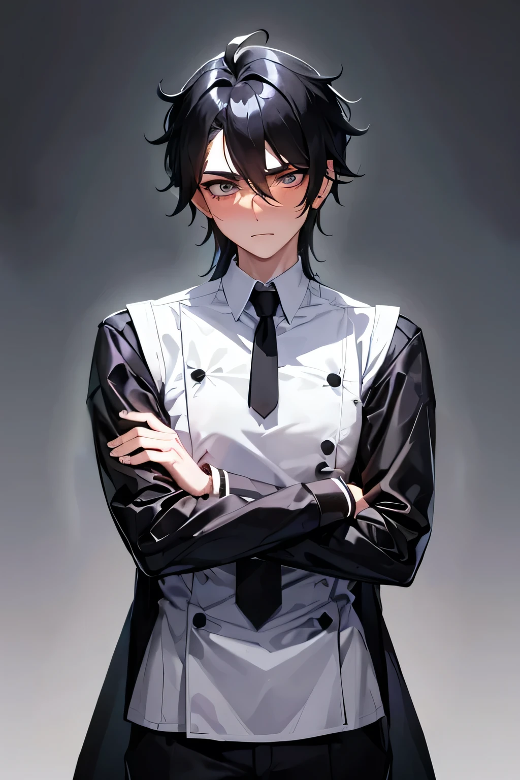 1man, 25-year-old, tsundere, jet-black hair that goes down to his ears, 2 shoulder length strands of hair on each side of the head in front of ears, piercing gray eyes, blushing, brows raised, eyes wide, body is slender, hands balled into fists on the sides of his body, wearing a cooking chef's uniform, white background