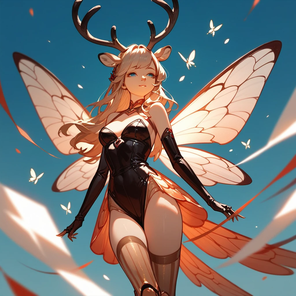 iridescent wings, antlers, insect legs long, in decorative illustration art style, (score_9,score_8_up,score_7_up,score_6_up,score_5_up,score_4_up)