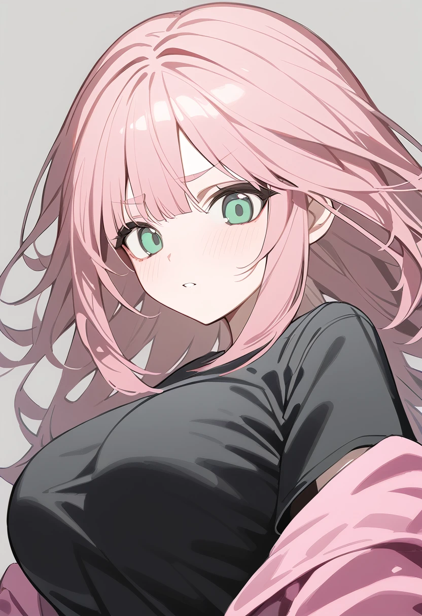 1 woman, alone, adolescent, pink fur, broad, messy hair, corrugated shelter, long bangs, green eyes, big breasts, large eyes, In combat pose, (Long black t-shirt, pink jacket), (Gray background, simple background), Upper part of the body, Masterpiece, Best Quality, dynamic angle, holding a gun, Big eyebrows