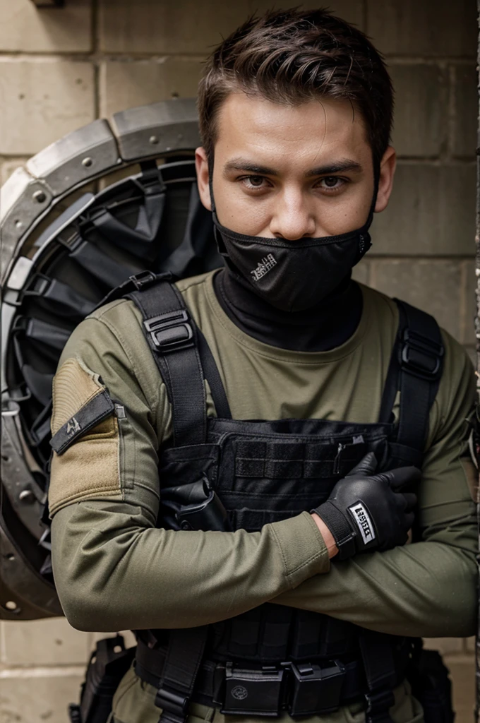 boys army with tactical gear using goalkeeper gloves